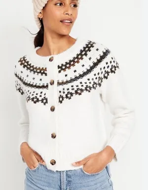Old Navy Womens Fair Isle Cardigan Sweater Cream‎ Brown Blue Button Front Small thumbnail 1