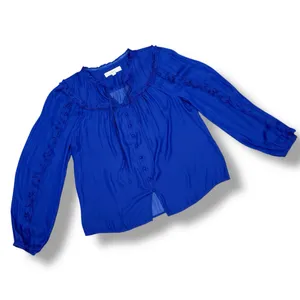 Loft Ruffle Trim Tie Neck Button Up‎ Blouse Long Sleeve Lapis Blue Small thumbnail 13