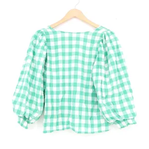 A New Day Green Gingham V-Neck Puff Sleeve Blouse Top S Mint White Check thumbnail 5
