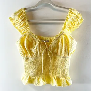 Lush Smocked Cap Sleeve Tie Front Top Blouse Butter Yellow Medium thumbnail 1