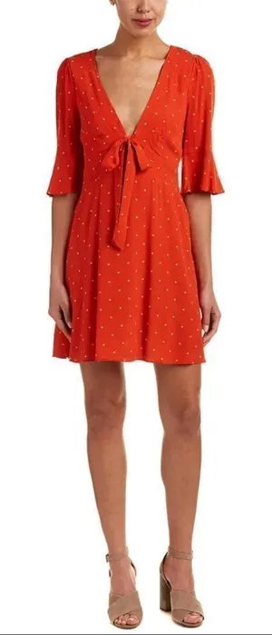 Free People All Yours Polka Dot Flounce Sleeve Mini Dress Orange Size‎ 4 V Neck thumbnail 1
