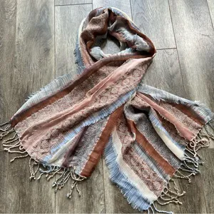 PRANA Mae Scarf Wrap Fringed Striped Tan Blue Cream Multicolored 100% Wool thumbnail 5