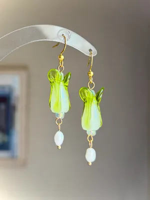 Handmade lamp work cabbage & freshwater funky boho fairy cute unique dangle earrings 🥬✨ thumbnail 1