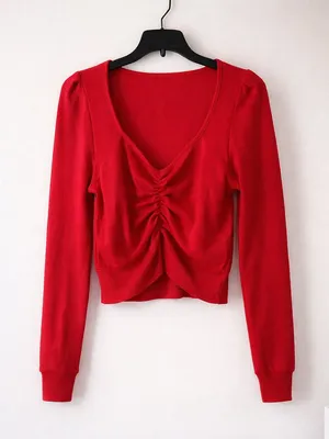 Vptianch Ribbed Red Long Cuff Sleeve V-Neck Ruched Women’s Large Top thumbnail 2