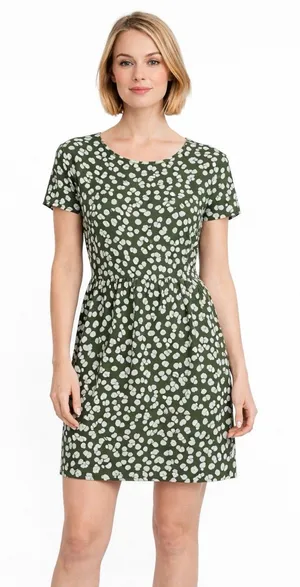 Boden Green White Floral Dress 8L Short Sleeve Fit & Flare Pockets Modal thumbnail 1