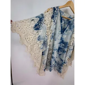 Mindset‎ by XCVI Large Blue Acid Wash Tie Dye Crochet Lace Poncho Top Boho thumbnail 4