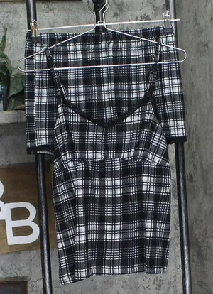 NEW Pillow Talk Womens 2-Piece Lace Trim Plaid Pajama Set Black Multi M thumbnail 1