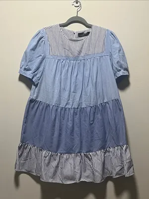 TUCKERNUCK Pomander Place Quinn Blue Striped Tiered Mini Dress, Size L thumbnail 3