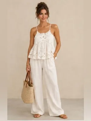 Sea New York Ivory Embroidered Boho Halter Racerback Flowy Swing Cami Blouse XXS thumbnail 8