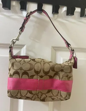 Vintage Y2K Coach Signature Pouch Mini Bag Khaki Pink Canvas thumbnail 1