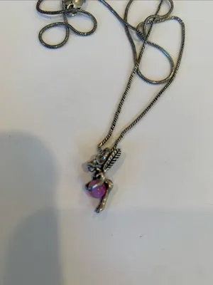 Italian Sterling Silver Fairy Pendant Necklace Pink Cats Eye Ball 925 Italy thumbnail 2