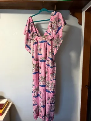 Mary Marshmallow Pink Elephant Cotton Maxi Dress S Flutter Sleeve thumbnail 2