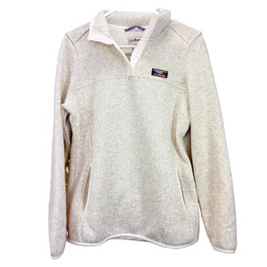 LL Bean Beige Sweater Fleece 1/4 Snap Pullover Pockets Size SMALL Tan thumbnail 3