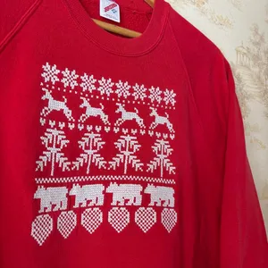 Vintage 80s 90s red reindeer bear Christmas cross stitch granny crewneck sweater thumbnail 3