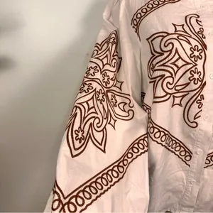 &Merci Embroidered Womens Top Blouse Sz M 100% Cotton White/Brown Puff Sleeves thumbnail 5