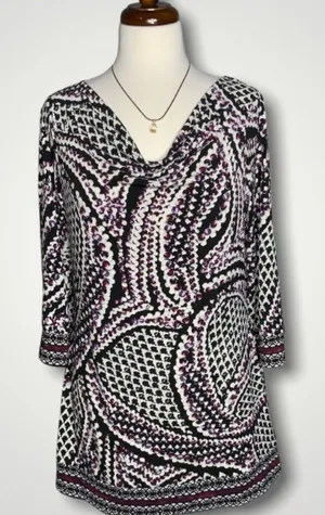 White House Black Market Purple & Black 3/4 Sleeve Drape Neck Stretchy Tunic M thumbnail 1