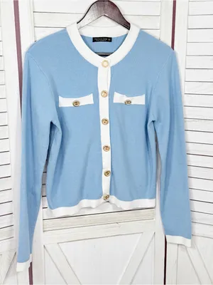 Emerson Lang Cardigan Sweater Button Front Contrast Trim Blue White Medium thumbnail 7