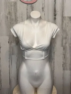 Windsor White Short Sleeve Crop Top Women’s Small V-Neck Stretchy Fitted thumbnail 1