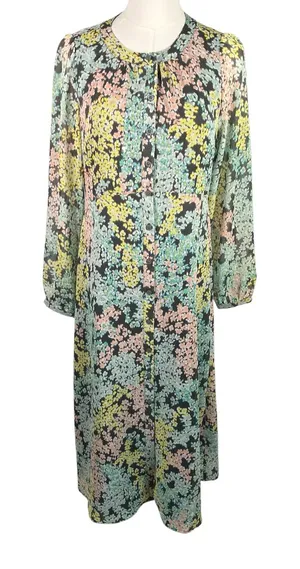 LOFT‎ Size 4 Floral Midi Dress Grey Pastel Button Front Sheer Lined Long Sleeve thumbnail 1