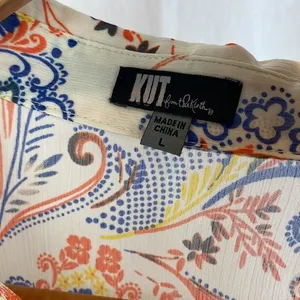 Kut From The Kloth White Floral Print Long Convertible Sleeve Blouse Top L thumbnail 7