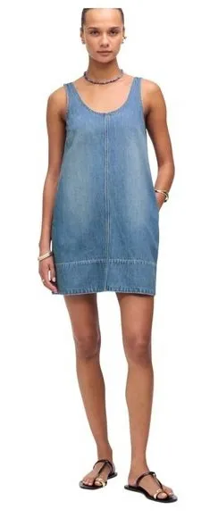 Madewell Denim Pinafore Dress Blue‎ Wash Sleeveless Side Zip Pockets Size L thumbnail 1