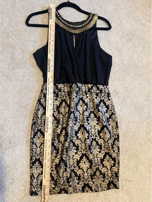 Women's XS Black Gold Brocade Beaded Collar Cocktail Dress thumbnail 7