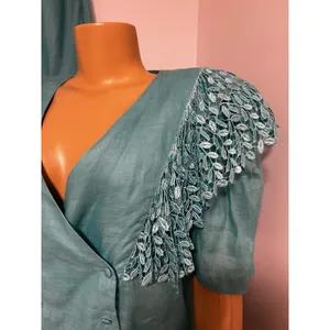 LERMAJ Vintage Teal Linen Blend Two Piece Set Lace Wrap Top Wide Leg Pants M/L thumbnail 4