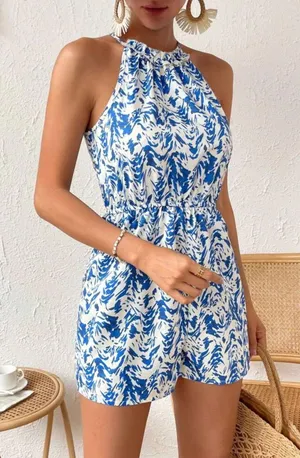 Blue Allover Print Halter Neck Romper Size Small/4 thumbnail 6