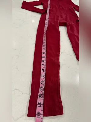 Ribbed Long-Sleeve One-Piece Jumpsuit in Burgundy thumbnail 7