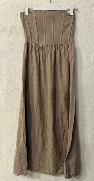 PrettyLittleThing Taupe Strapless Corset Maxi Dress US 2 Linen‎ Look Boho Tan thumbnail 1