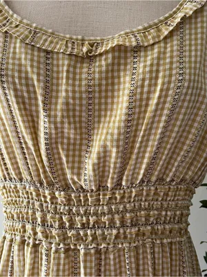 Max Studio Light Yellow tan Gingham Smocked Maxi Dress thumbnail 2
