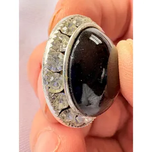 Vintage Black Cabochon Rhinestone Clip On Earrings Silver Tone Statement thumbnail 6