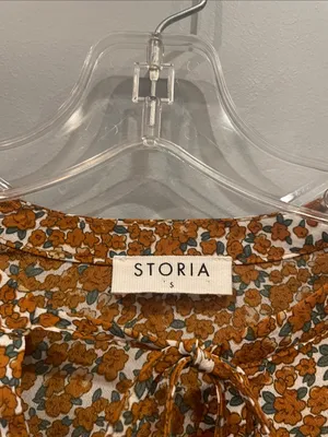 Storia Rust and Cream Floral Tie-Neck Babydoll shorts romper long sleeve small thumbnail 3