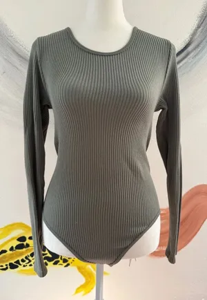 Hippie Rose Ribbed Long-Sleeve Bodysuit - Olive Green thumbnail 1