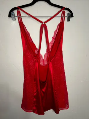 Victoria's Secret Red Satin Lace Chemise Slip Dress & Robe 2 Piece‎ Lingerie Set thumbnail 7