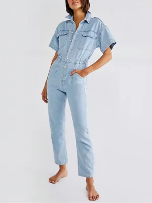 Free People We The Free Marci Coverall Sz XL Light Wash Denim Jumpsuit Utility thumbnail 4