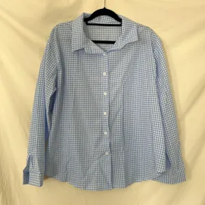 100% Linen Lightweight Button Up Blouse Shirt Blue White Gingham Plaid XXL thumbnail 1