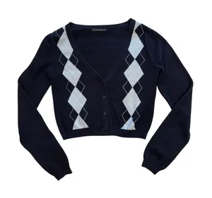 Brandy Melville Cropped Navy Blue Argyle Elizabeth Cardigan Sweater Clueless 90s thumbnail 1