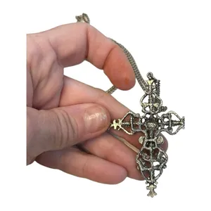 Signed Roma Cross Pendant Necklace Petit Point Faux Turquoise Christian Vintage thumbnail 5