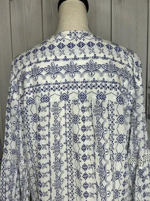 Ann Taylor Loft Blue White Floral Print V-Neck Cotton Tunic Top Sz L Lightweight thumbnail 10