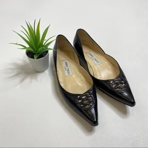 Jimmy Choo Black Leather Pointed Toe Lattice Cutout Flats Size 35 Made in Italy thumbnail 3