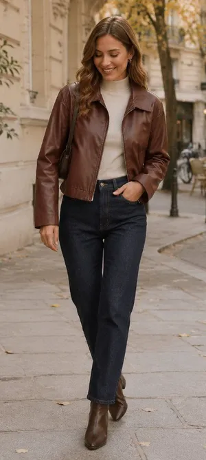 Amazon Brown Faux Leather Collared Zip Front Cropped Bomber Jacket thumbnail 1