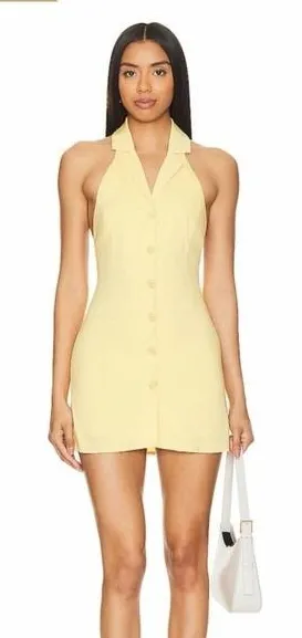 SNDYS Halter Button Front Mini Dress Butter Yellow Brunch Chic Spring Size S thumbnail 1