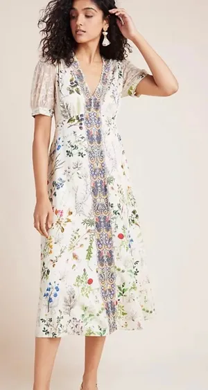 Anthropologie Gesha Designs Donna floral puff sleeve lace midi dress small thumbnail 1