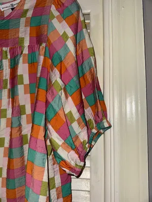 Checked Puff-Sleeve Blouse in Pink, Orange & Teal - Women thumbnail 3