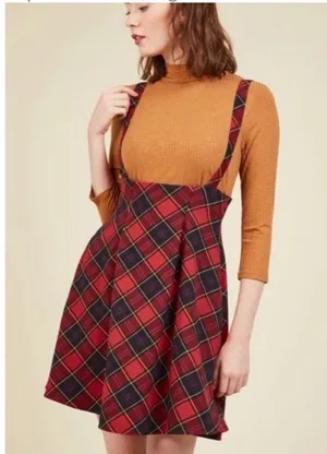 Modcloth Red and Black Plaid Skirt Large Overall Skirt with Suspenders thumbnail 1