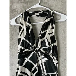 Vintage‎ Y2K Indie Sleaze Halter Midi Dress Black White Abstract Mesh Hem Medium thumbnail 2