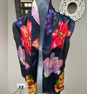 Navy blue large flower floral print echo scarf neck tie belt headband oblong thumbnail 1