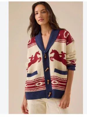NWOT Altar'd State Bonnie Horse Knit Cream Navy Shawl Collar Cardigan Western thumbnail 2