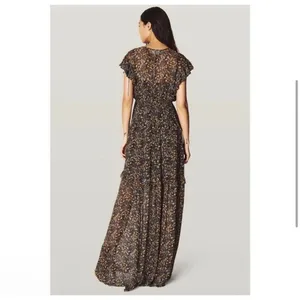 ba&sh Samantha Ruffled Leaf Print‎ Maxi Dress Black Gold Flutter Sleeve Small thumbnail 3